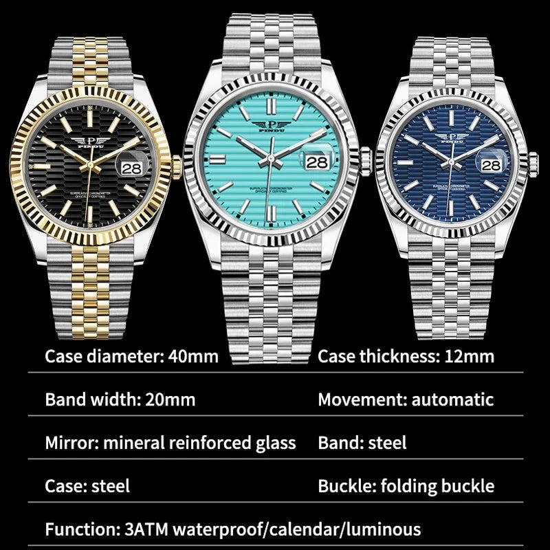 PINDU PD6525 automatic watch variant comparison black blue dials with specifications