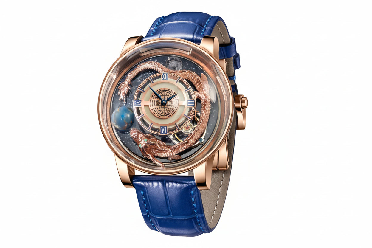 PINDU PD6532 rose gold case with blue leather strap, rose gold dragon circling the globe dial