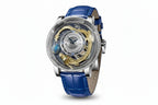 PINDU PD6532 steel case, blue leather strap, gold dragon and silver globe dial, three-quarter view
