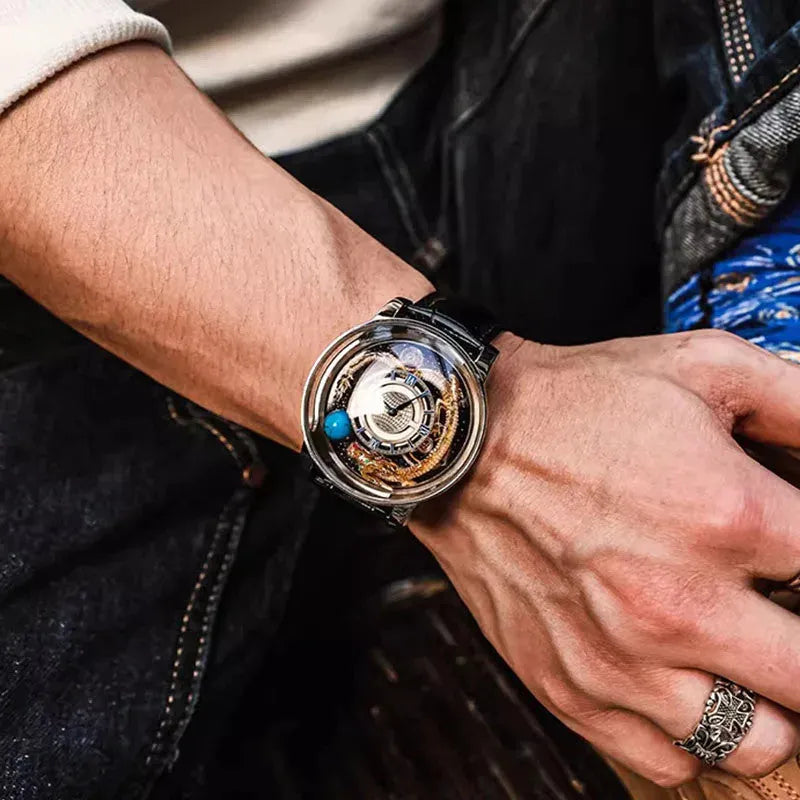 PINDU PD6532 dragon quartz watch silver multicolor black dial wrist shot