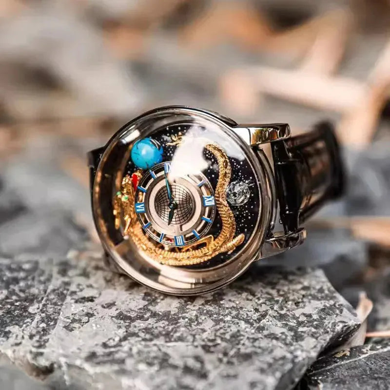 PINDU PD6532 dragon quartz watch silver multicolor black dial on rocks lifestyle shot