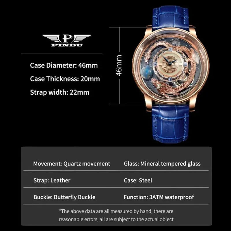 PINDU PD6532 dragon quartz watch rosegold blue dial specifications