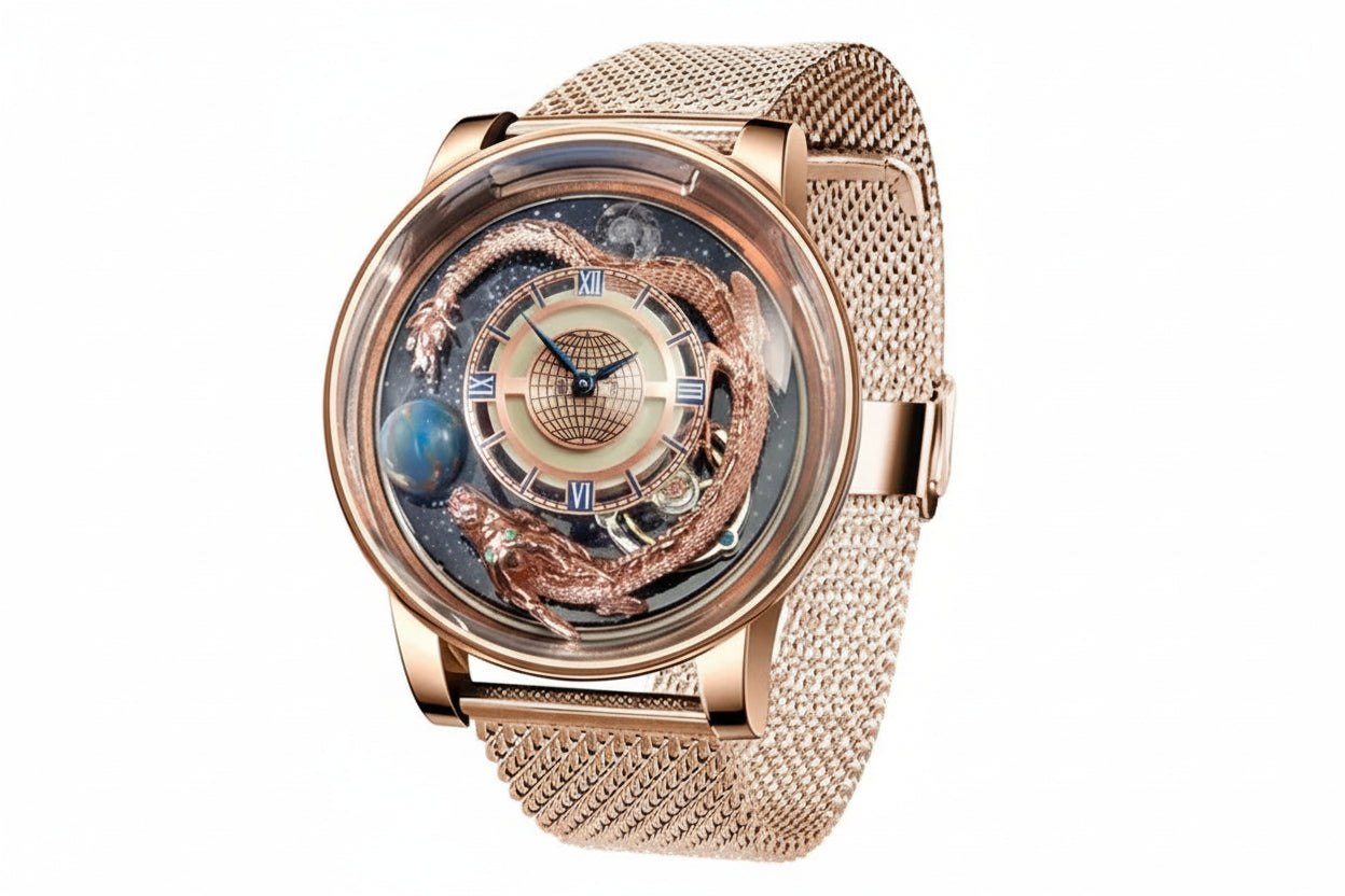 PINDU PD6532 dragon quartz watch rosegold blue rosegold dial angle view