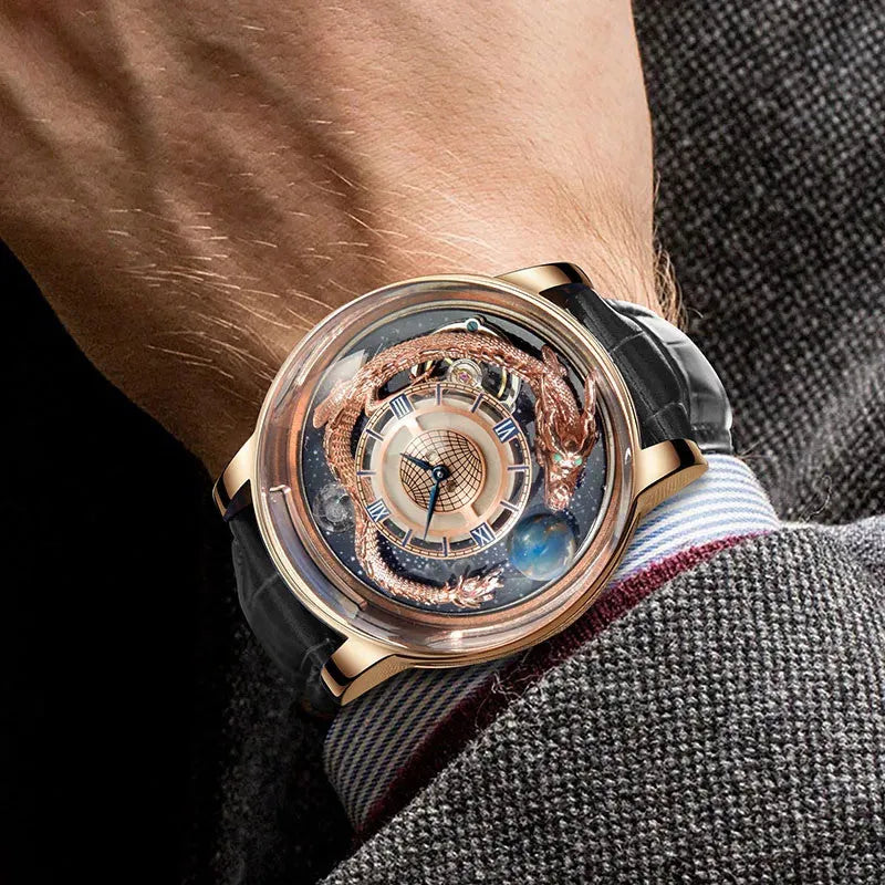PINDU PD6532 dragon quartz watch rosegold multicolor black dial wrist shot