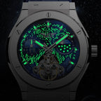PINDU PD6537 moonphase tourbillon watch close-up showing green luminous dial markings on blue starry face