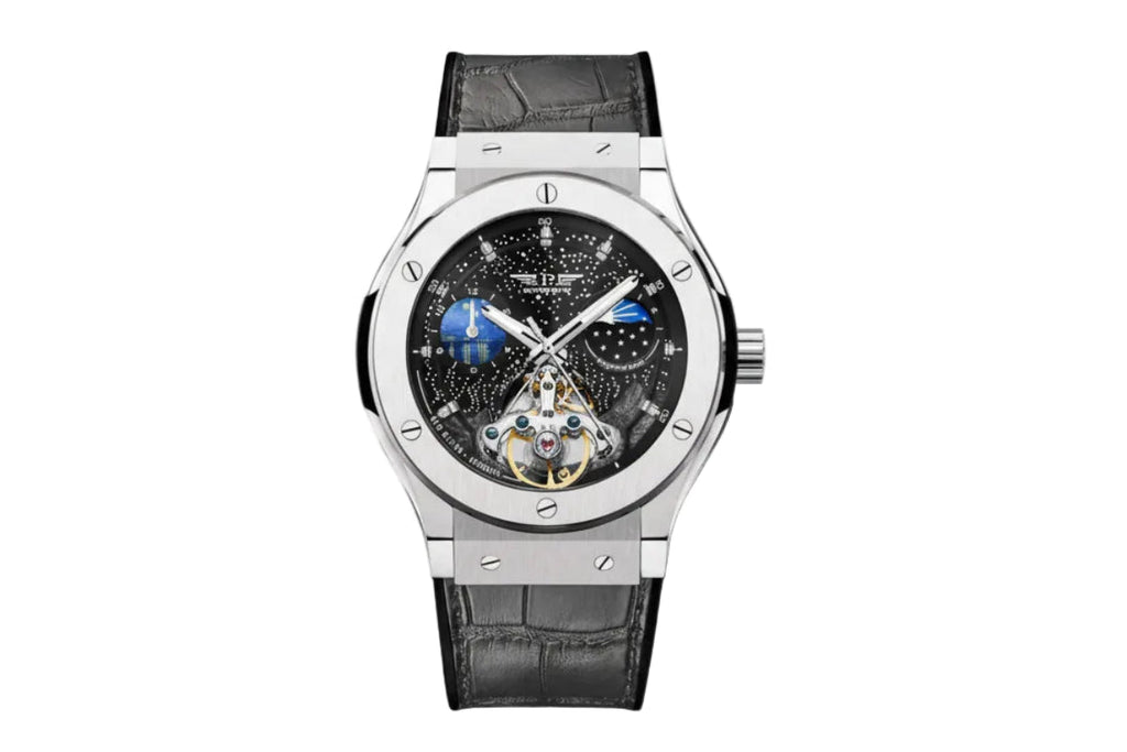 PINDU PD6537 mens automatic moonphase tourbillon watch with black starry dial and grey leather strap, front