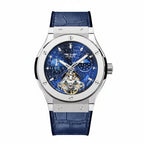 PINDU PD6537 mens automatic moonphase tourbillon watch with blue starry dial and blue leather strap, front