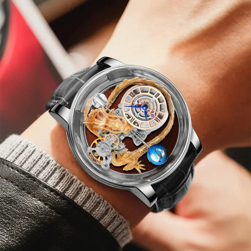 PINDU PD6539 3D dragon skeleton men's watch with silver case and black leather strap on wrist