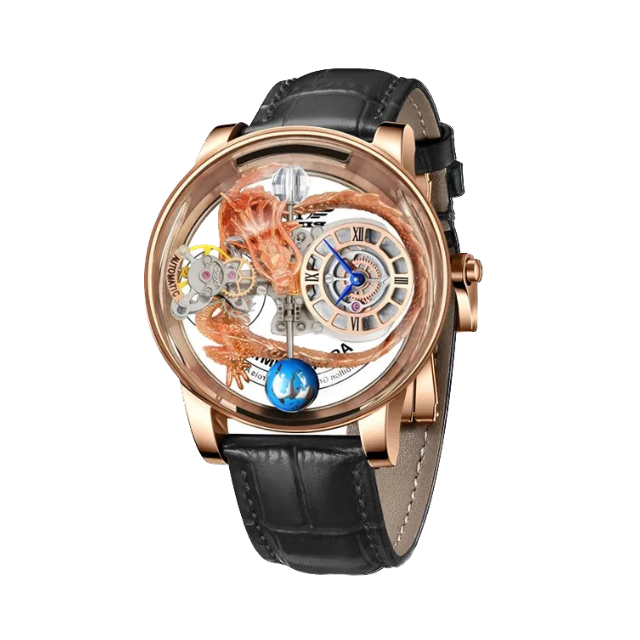 PINDU PD6539 dragon astronomia watch with rose gold case and black leather strap front view
