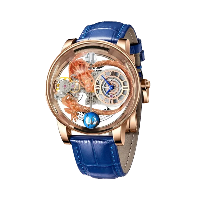 PINDU PD6539 dragon astronomia watch with rose gold case and blue leather strap front view