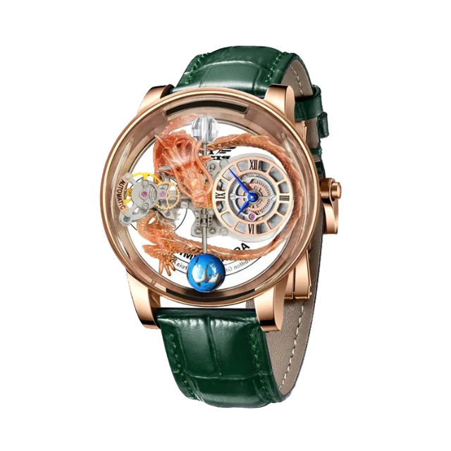 PINDU PD6539 dragon astronomia watch with rose gold case and green leather strap