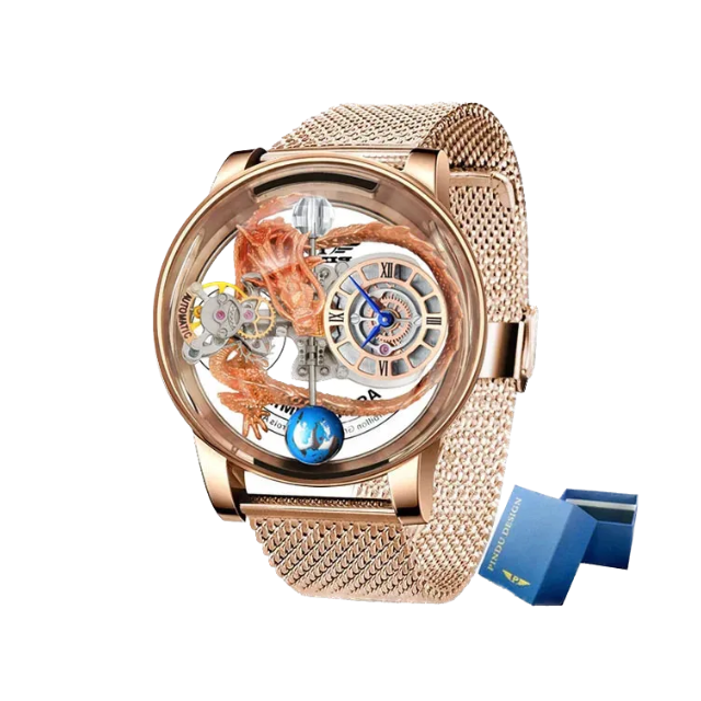 PINDU P6539 Earth Theme 3D Dragon Celestial Body Series Hollow with all gold dial, shown on wrist