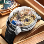 PINDU PD6539 dragon astronomia watch with silver case and black leather strap detail view