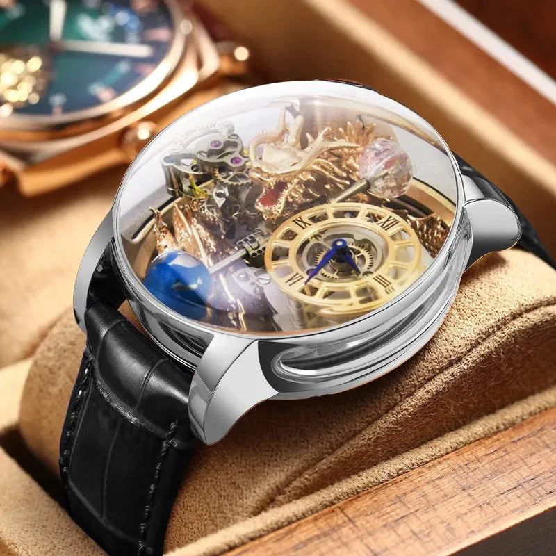 PINDU PD6539 dragon astronomia watch with silver case and black leather strap detail view