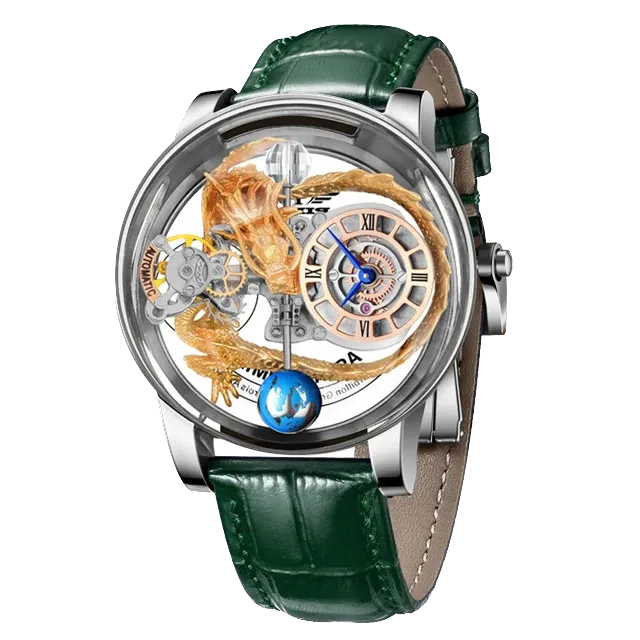 PINDU PD6539 dragon astronomia watch with silver case and green leather strap front view