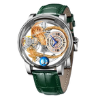 PINDU PD6539 dragon astronomia watch with silver case and green leather strap front view