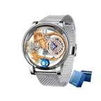 PINDU PD6539 dragon astronomia watch with silver case and mesh bracelet front view