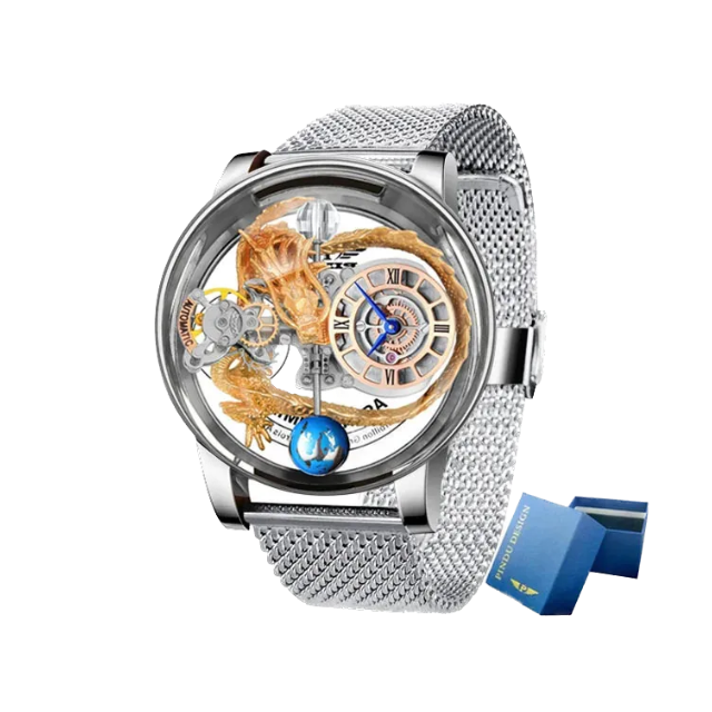 PINDU PD6539 dragon astronomia watch with silver case and mesh bracelet front view