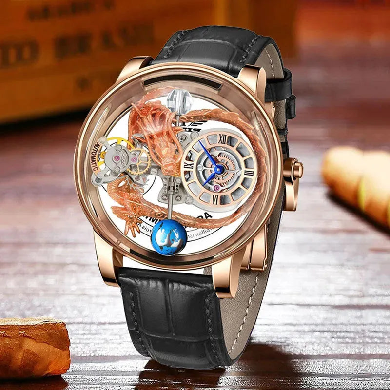 PINDU PD6539 3D dragon skeleton men's watch with rose gold case and black leather strap, front view