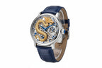 PINDU PD6539 steel case, navy strap angled view of the gold dragon blue-jewel skeleton dial