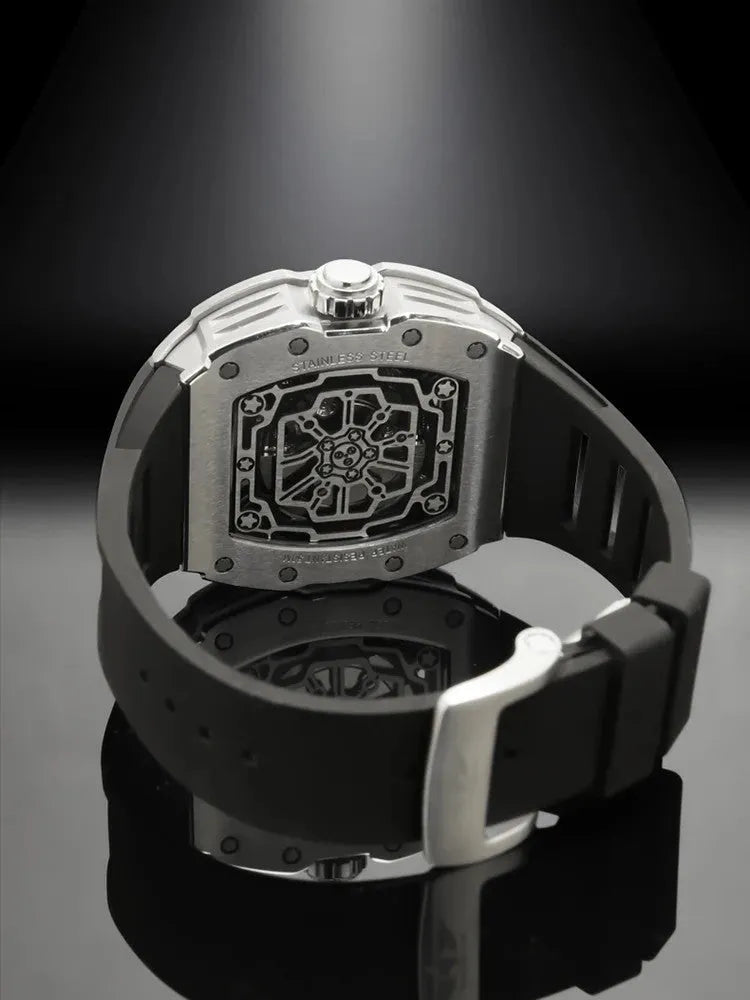 PINDU PD6550 men's tonneau watch caseback with stainless steel and black rubber strap