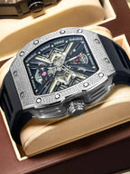 PINDU PD6550 tonneau iced-out skeleton watch with diamond bezel detail in display box