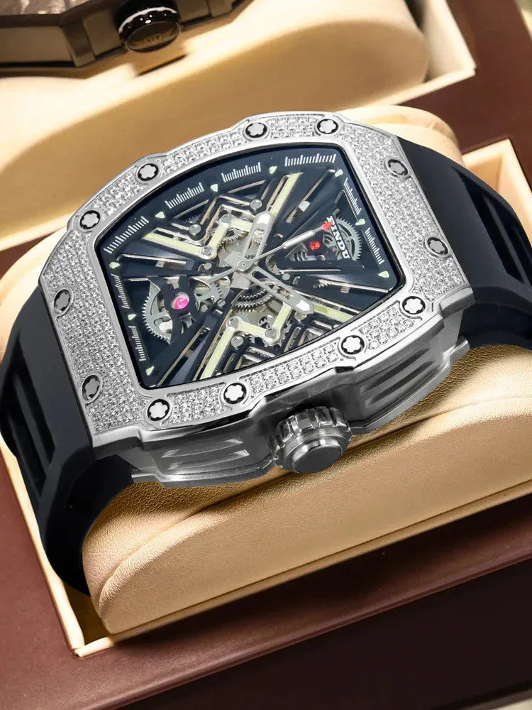PINDU PD6550 tonneau iced-out skeleton watch with diamond bezel detail in display box