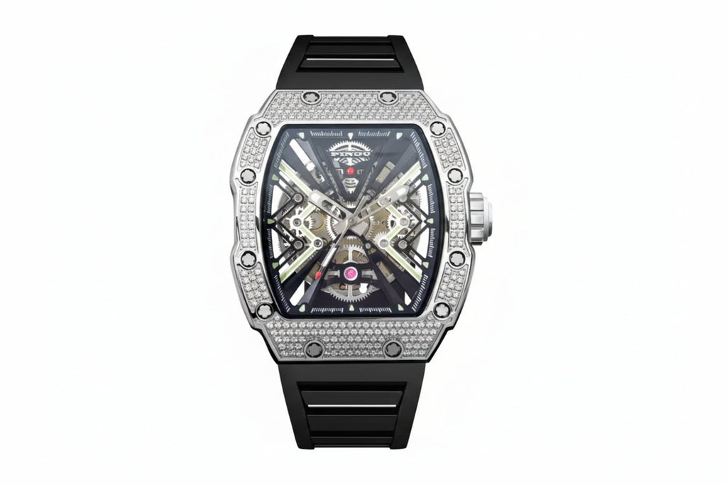 PINDU PD6550 tonneau iced-out skeleton watch with black dial and diamond silver bezel