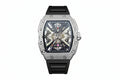 PINDU PD6550 tonneau iced-out skeleton watch with black dial and diamond silver bezel