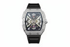 PINDU PD6550 tonneau iced-out skeleton watch with black dial and diamond silver bezel