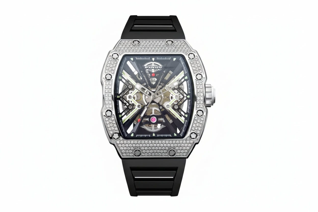 PINDU PD6550 tonneau iced-out skeleton watch with black dial and diamond silver bezel