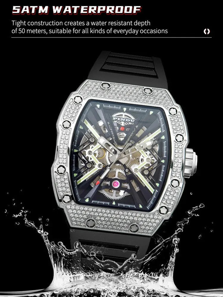 PINDU PD6550 tonneau watch 5ATM waterproof feature graphic with water splash