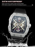 PINDU PD6550 tonneau watch 5ATM waterproof feature graphic with water splash