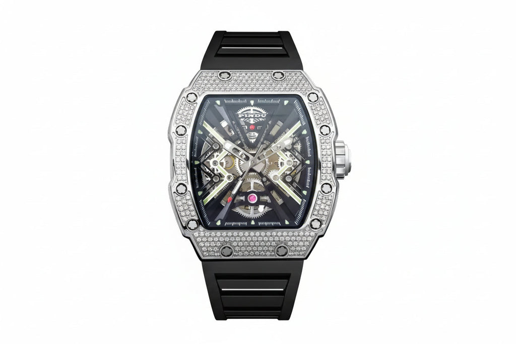 PINDU PD6550 tonneau skeleton watch with diamond bezel and black silicone strap