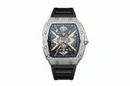 PINDU PD6550 tonneau skeleton watch with diamond bezel and black silicone strap