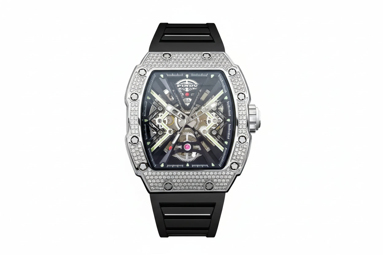 PINDU PD6550 tonneau skeleton watch with diamond bezel and black silicone strap
