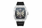 PINDU PD6550 tonneau skeleton watch with black dial and silver case front view