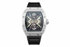 PINDU PD6550 tonneau skeleton watch silver case black silicone strap front view