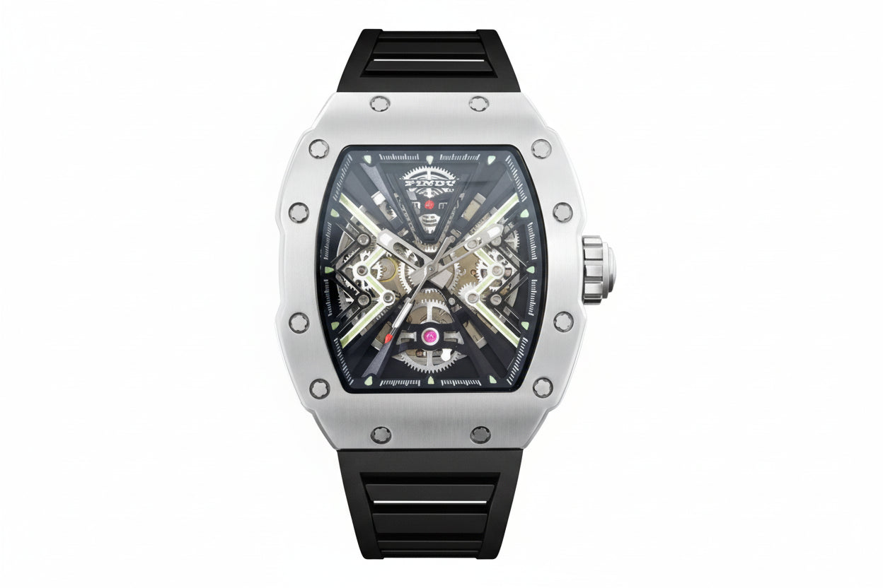 PINDU PD6550 tonneau skeleton watch silver case black silicone strap front view
