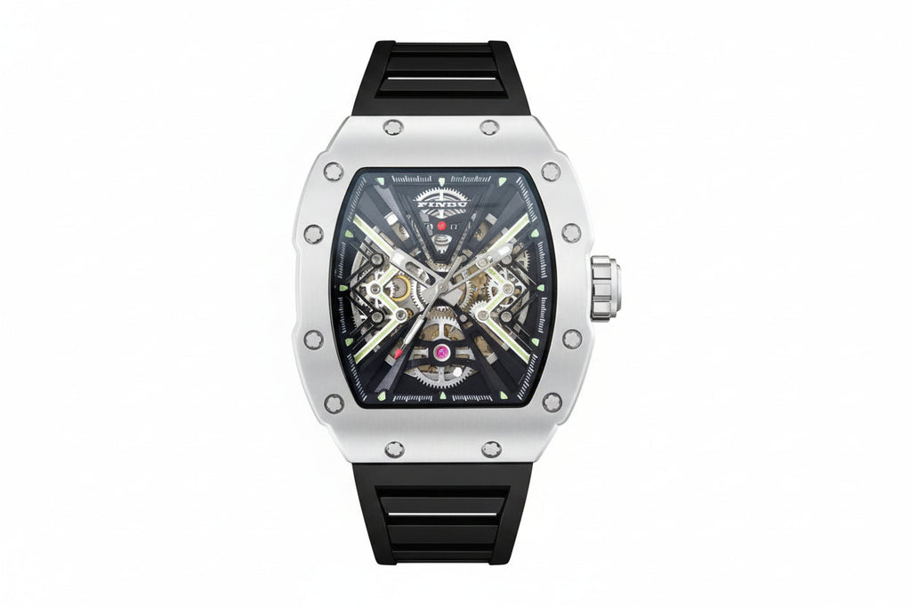 PINDU P6550 Menâ€™s Tonneau Watch with black silver dial