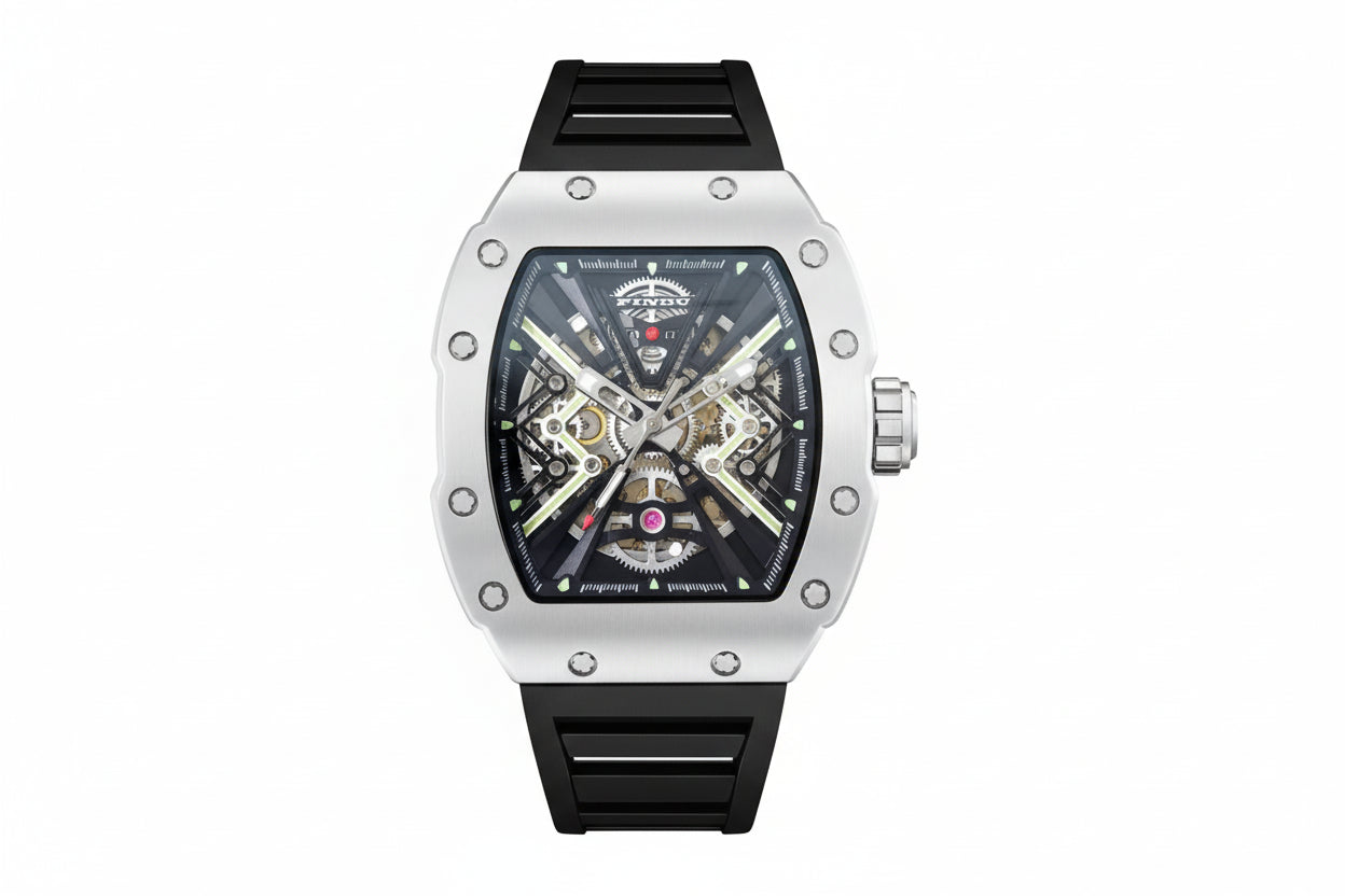PINDU P6550 Menâ€™s Tonneau Watch with black silver dial
