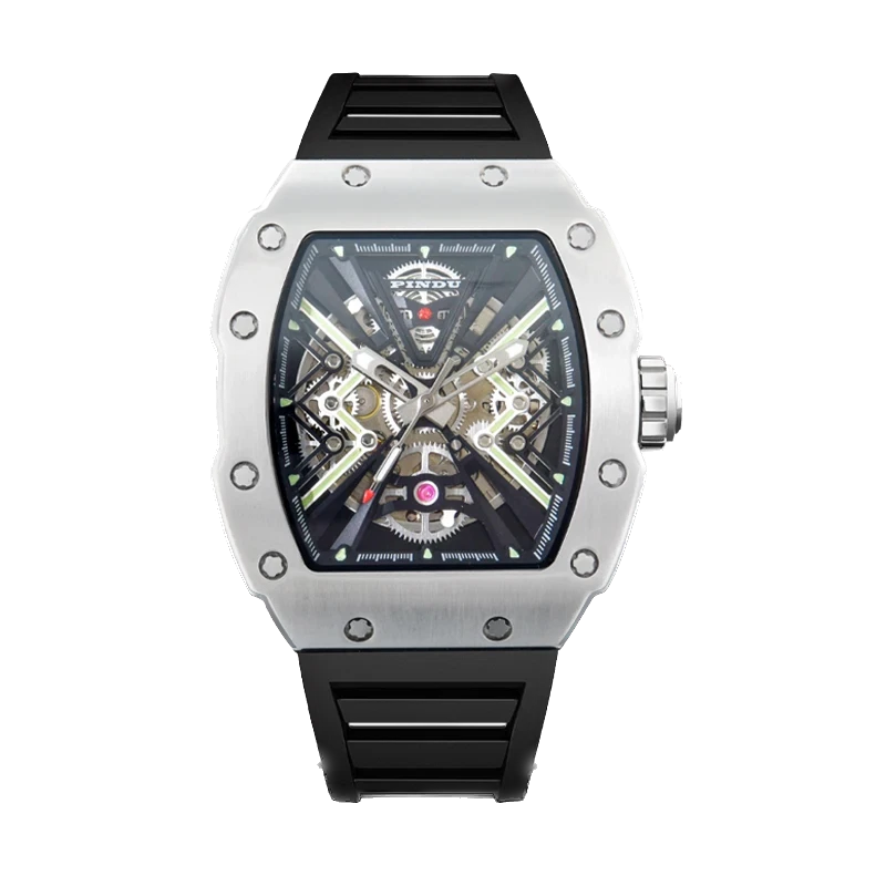 Front view of Pindu PD6550 wine barrel mechanical watch with skeleton dial, plain stainless steel bezel, stainless steel case, black silicone strap, and visible mechanical movement.