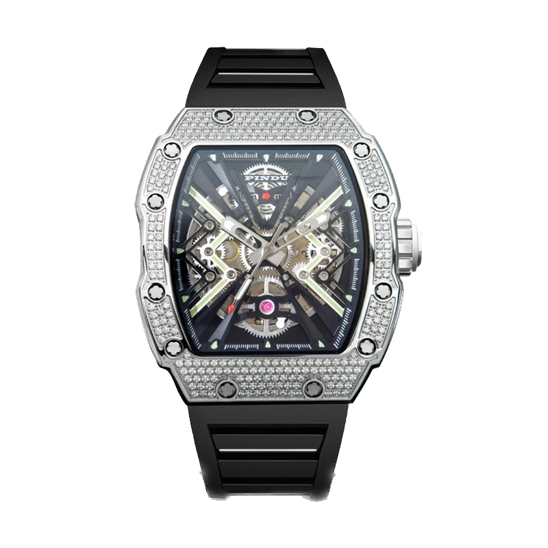 Pindu PD6550 wine barrel mechanical watch featuring skeleton dial, diamond-set bezel, stainless steel case, sapphire crystal, and black silicone strap