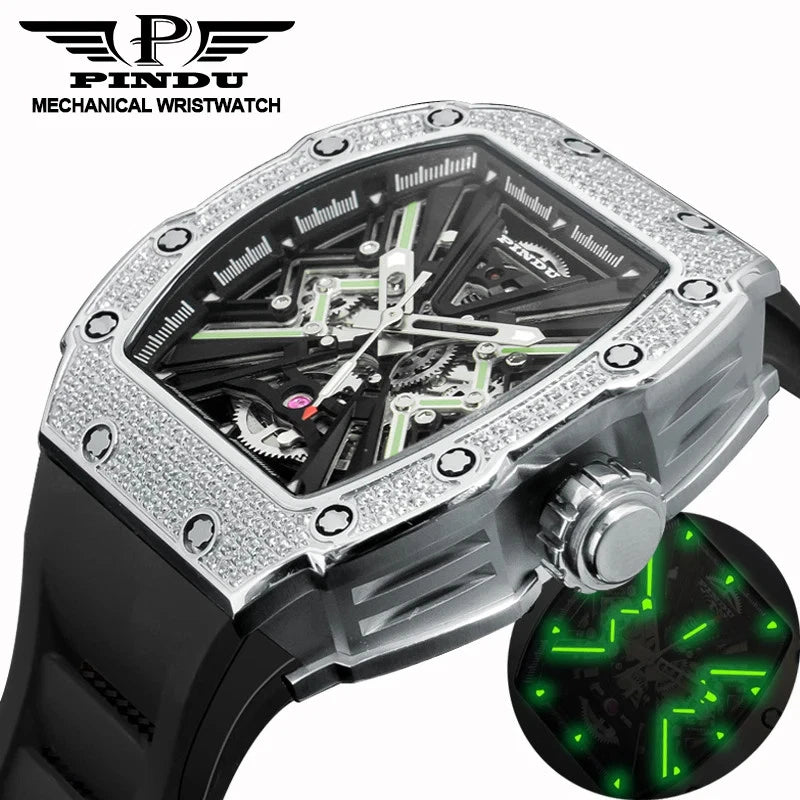 Angled close-up of Pindu PD65550 wine barrel mechanical watch with skeleton dial, diamond-set bezel, black silicone strap, and luminous green markers glowing at night.