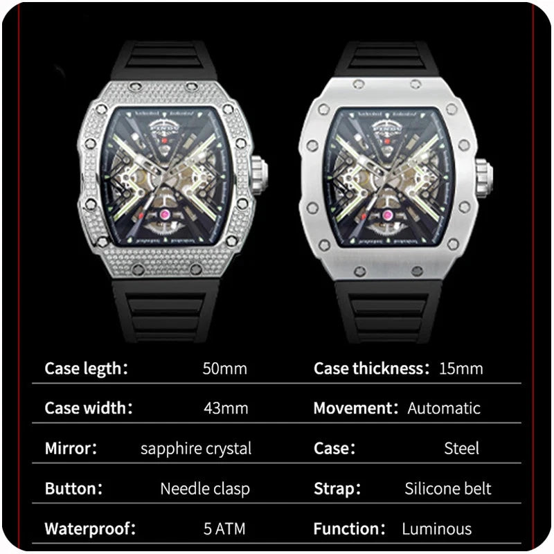 Specification chart for Pindu PD6550 wine barrel mechanical watch showing case length 50 mm, case width 43 mm, case thickness 15 mm, automatic movement, sapphire crystal mirror, steel case, needle clasp, silicone strap, waterproof 5 ATM, and luminous function.