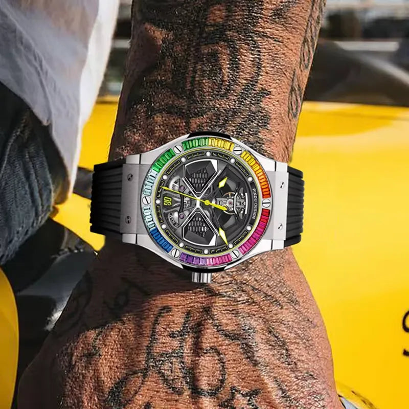 PINDU PD6552 colored diamond skeleton watch with rainbow bezel and black rubber strap on tattooed wrist