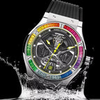 PINDU PD6552 colored diamond skeleton watch with rainbow bezel, black dial and black rubber strap with water splash