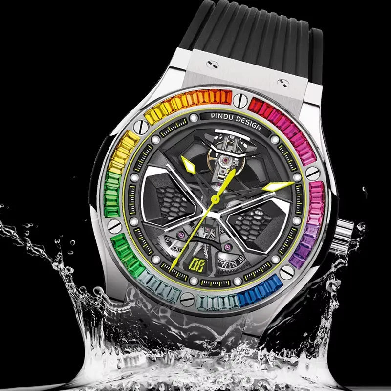 PINDU PD6552 colored diamond skeleton watch with rainbow bezel, black dial and black rubber strap with water splash