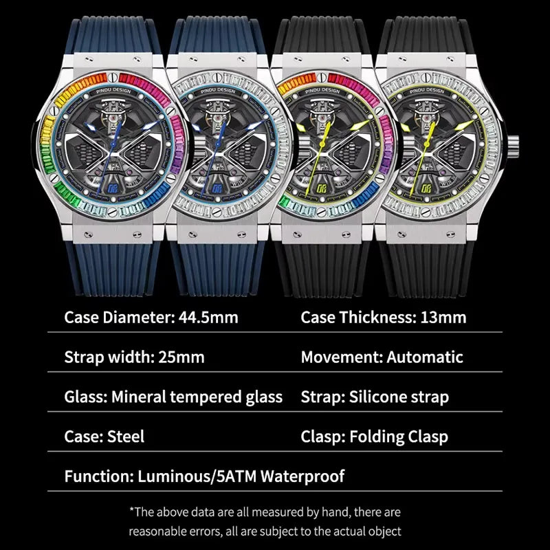 PINDU PD6552 skeleton watch four-variant comparison with specifications 44.5mm automatic