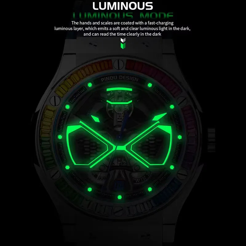 PINDU PD6552 skeleton watch luminous mode feature graphic with green glow in dark